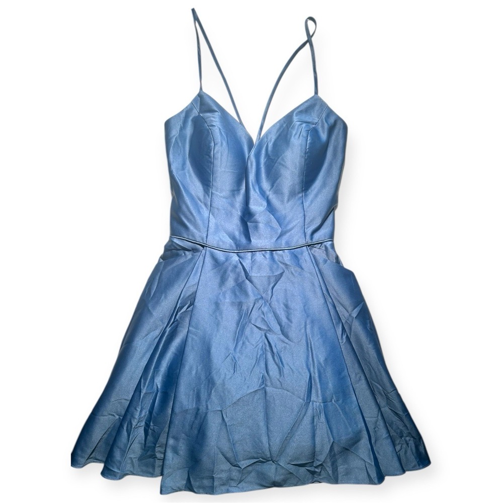 Blondie Nites Blue Satin Fit & Flare Mini‎ Dress Juniors 13 Lace Up Back Y2K